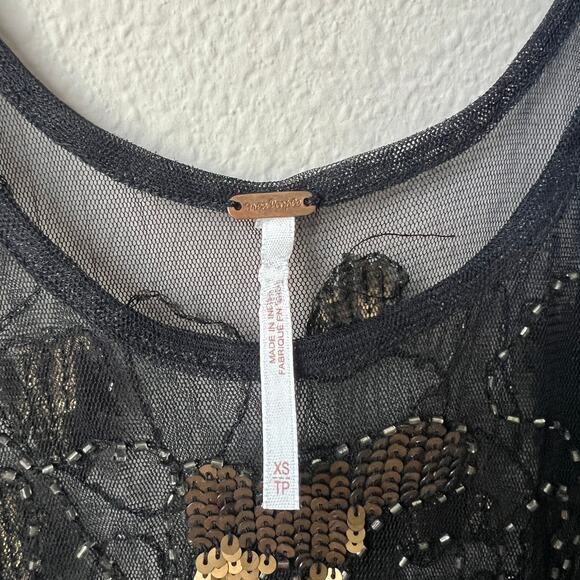 Free People Black Gold Sequin Beaded Sheer Tank Top Size XS - Picture 4 of 4